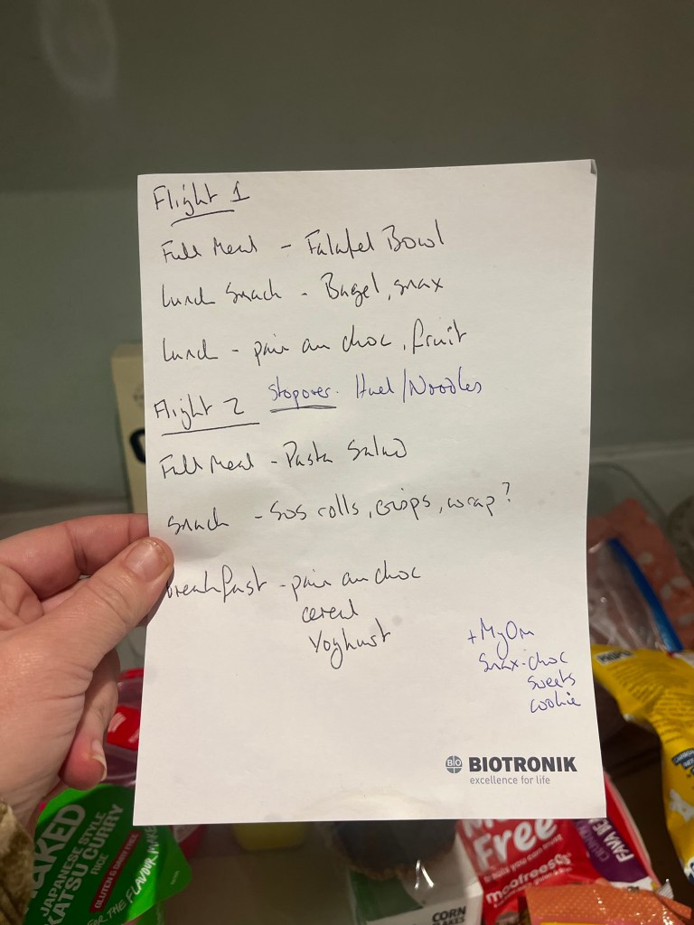 A handwritten meal plan note detailing snacks and meals for two flights, including falafel bowl, bagel, fruit, and pasta salad, along with items like yogurt and chocolate snacks.