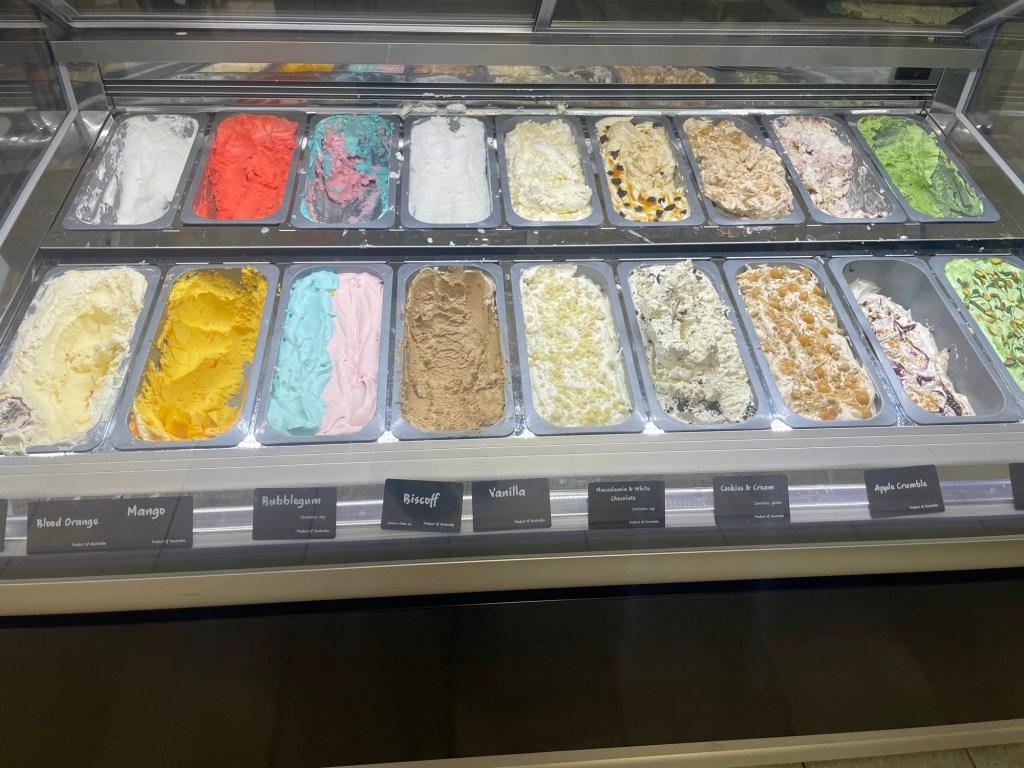 Display of various ice cream flavors in a gelato case, including Blood Orange, Mango, Bubblegum, Bischoff, Vanilla, and more.