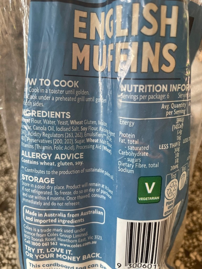 Package of English muffins with cooking instructions, ingredients list, allergy advice, nutritional information, and storage guidelines.
